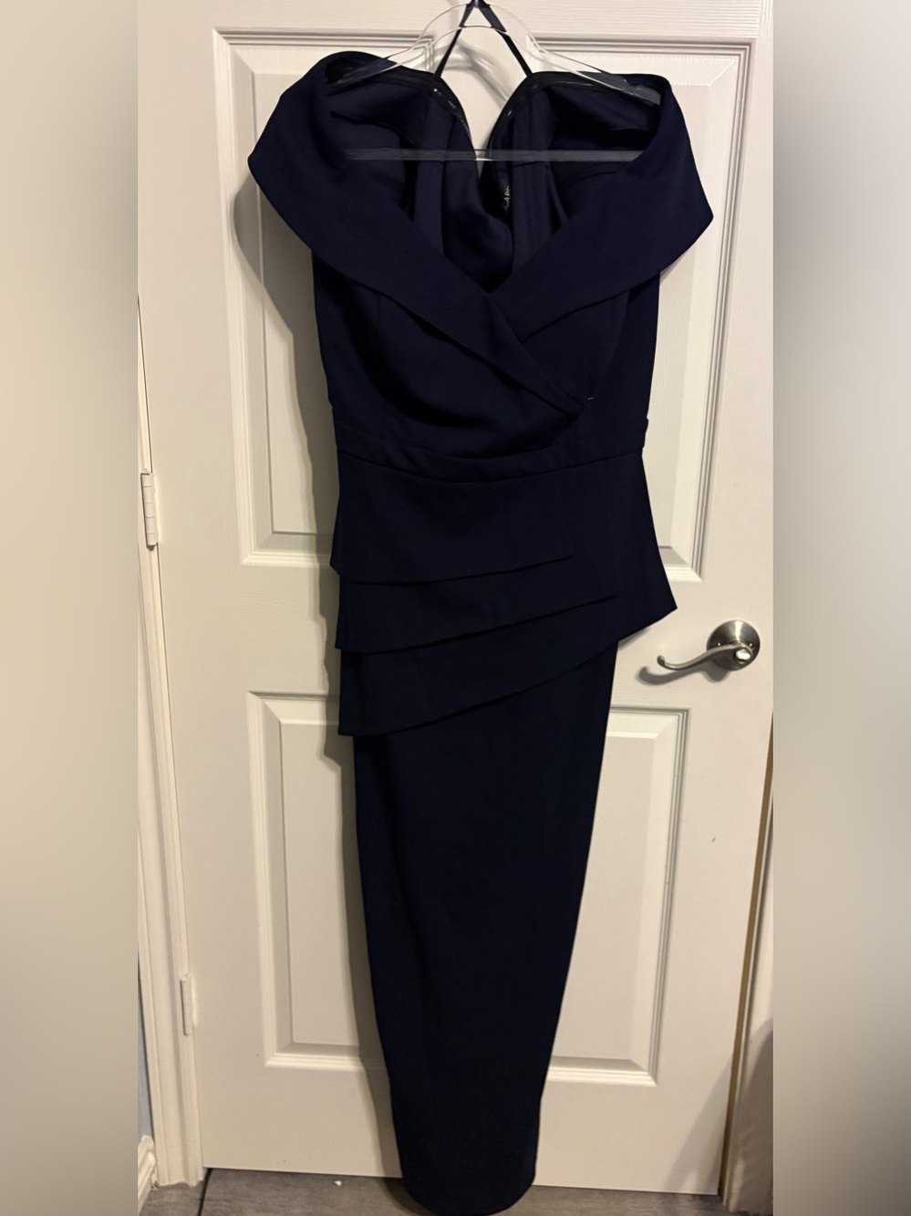 165- NWT Xscape Navy Blue Off-Shoulder peplum gown